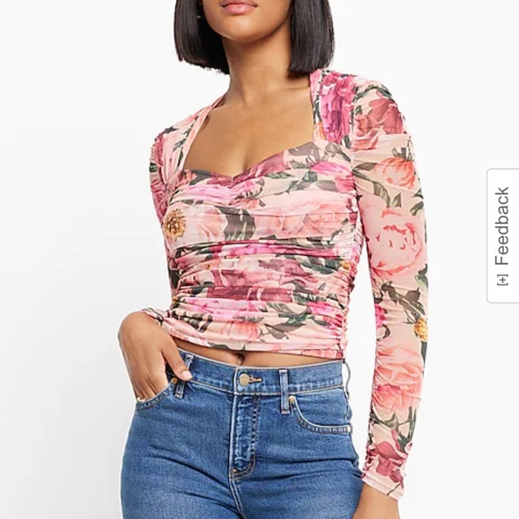 Express Tops - Express BODY CONTOUR FLORAL MESH CROPPED TOP WITH REMOVABLE CUPS